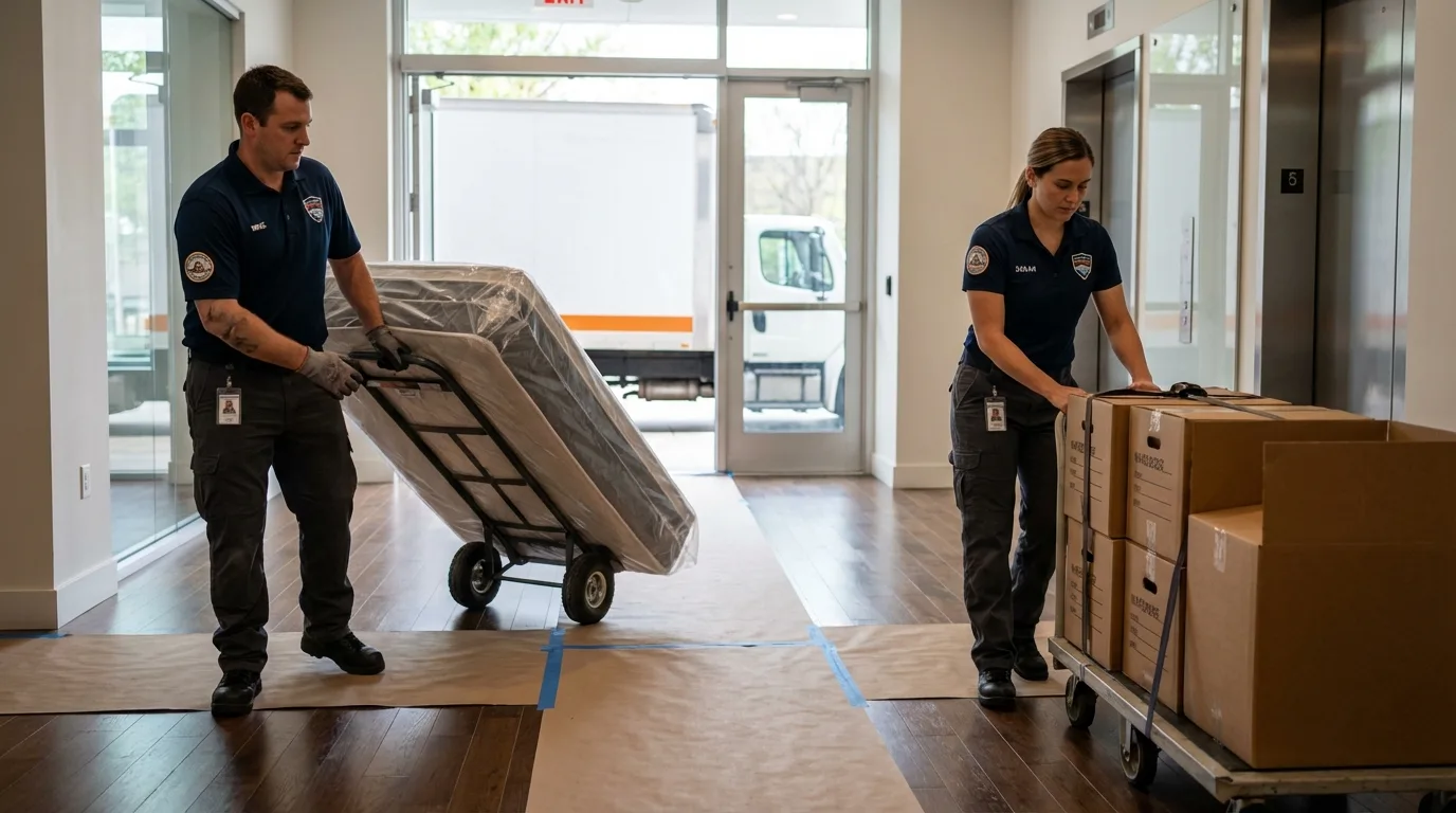 Professional apartment movers loading elevator in Mercersburg, PA