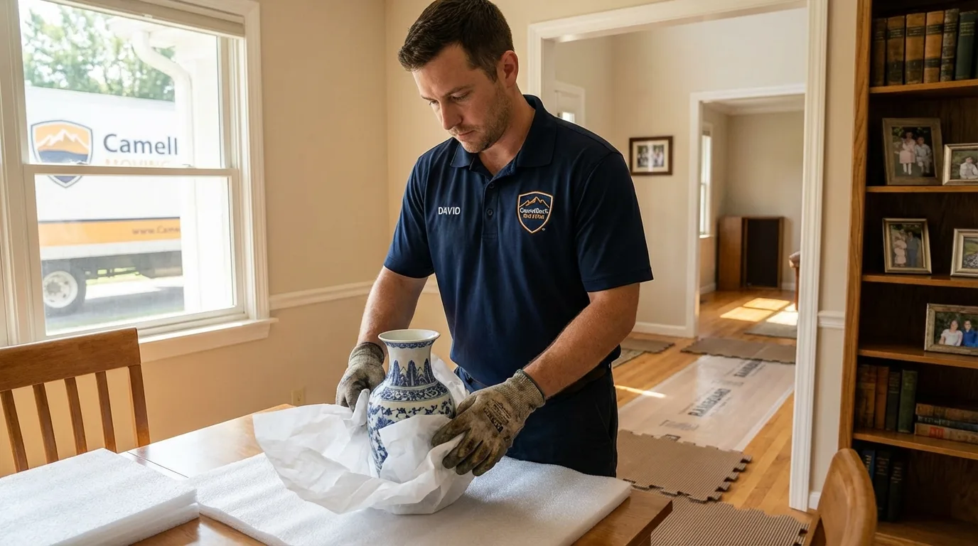Professional crew carefully wrapping antique vase for senior downsizing move in Mercersburg, PA